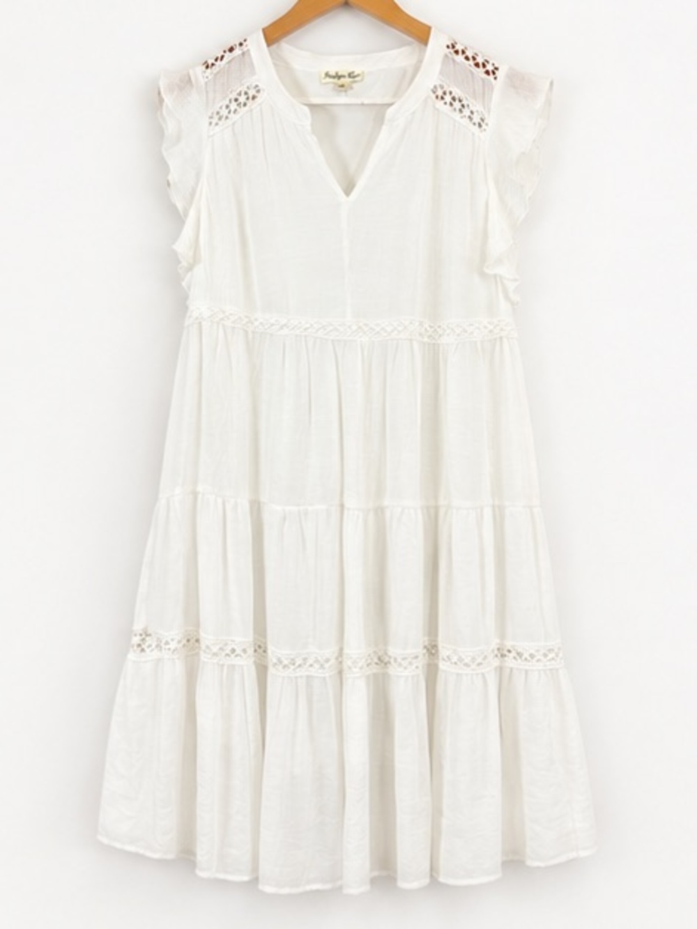 Indigo rose white crochet tiered ruffle cap sleeve relaxed resort boho mid dress